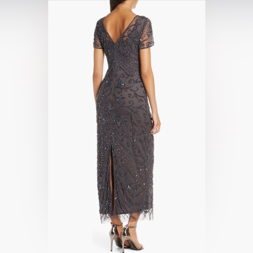 Pisarro Nights Beaded Mesh Column Gown in Slate Size 12 Elegant Evening Dress - Picture 2 of 8